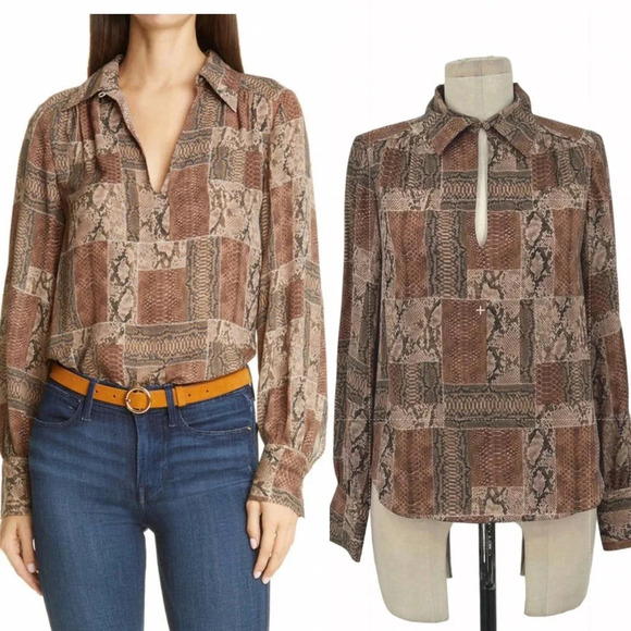 FRAME Willa Snake-print Silk Crepe De Chine Blouse In Sepia Multi Size XS‎ - Picture 1 of 9